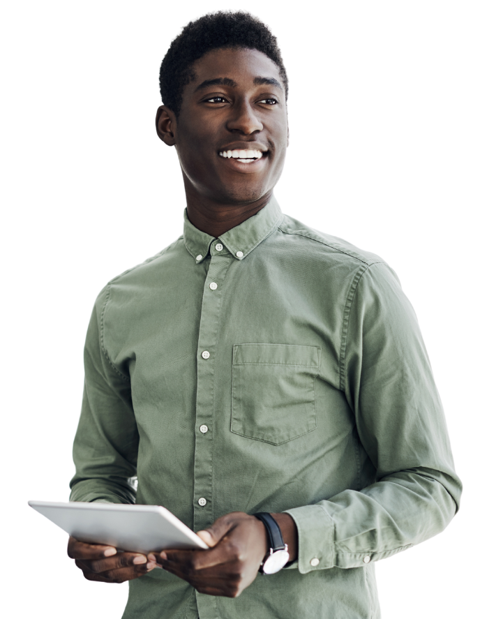 Jeune professionnel africain tenant une tablette